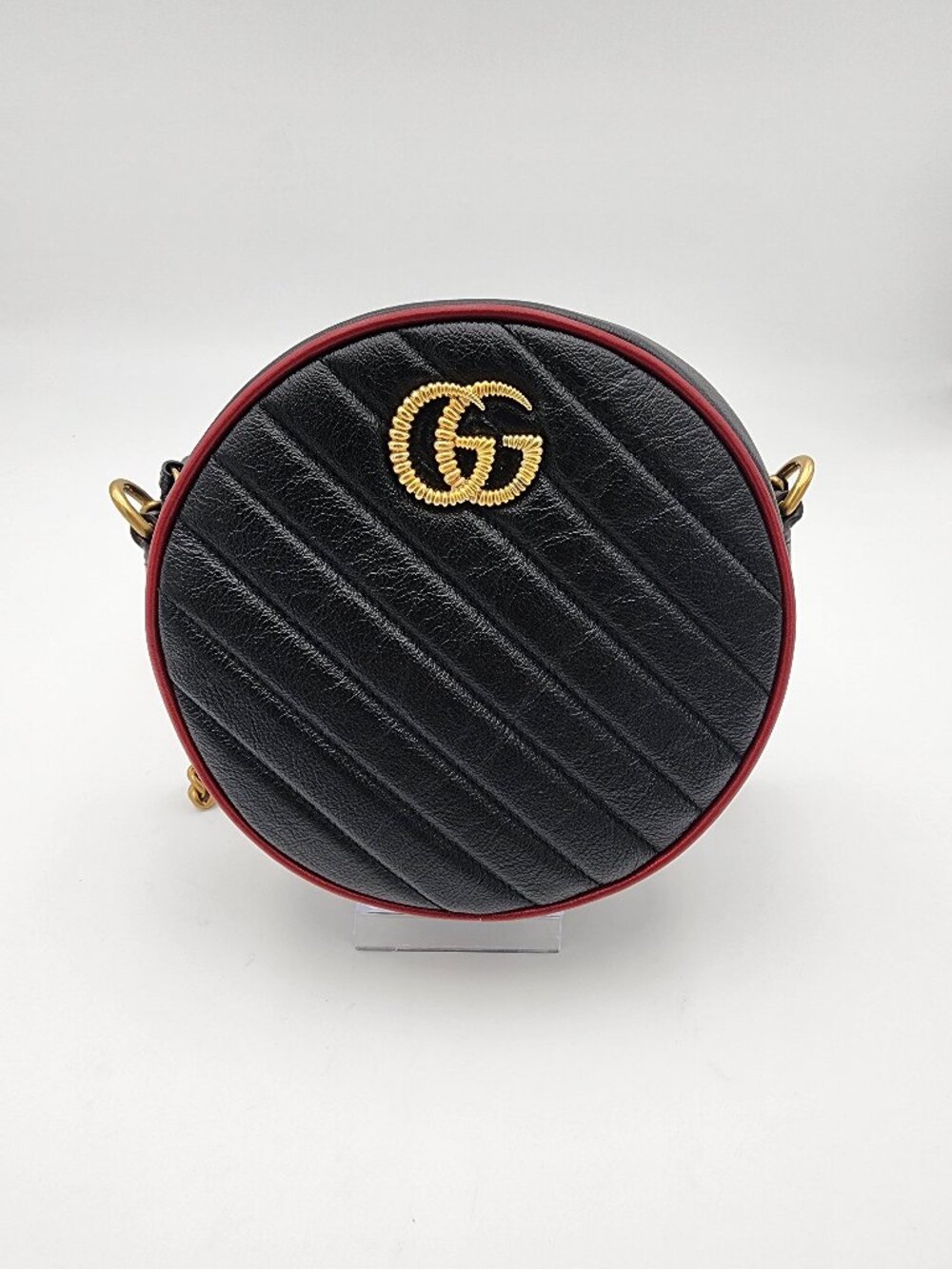 Gucci GG Marmont Mini Round Shoulder Bag In Black Matelasse Calfskin Leather